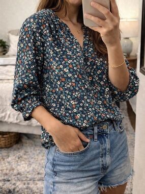 Vintage Floral Cotton Blouse Boho Cottagecore Peasant Top Navy Orange Size M